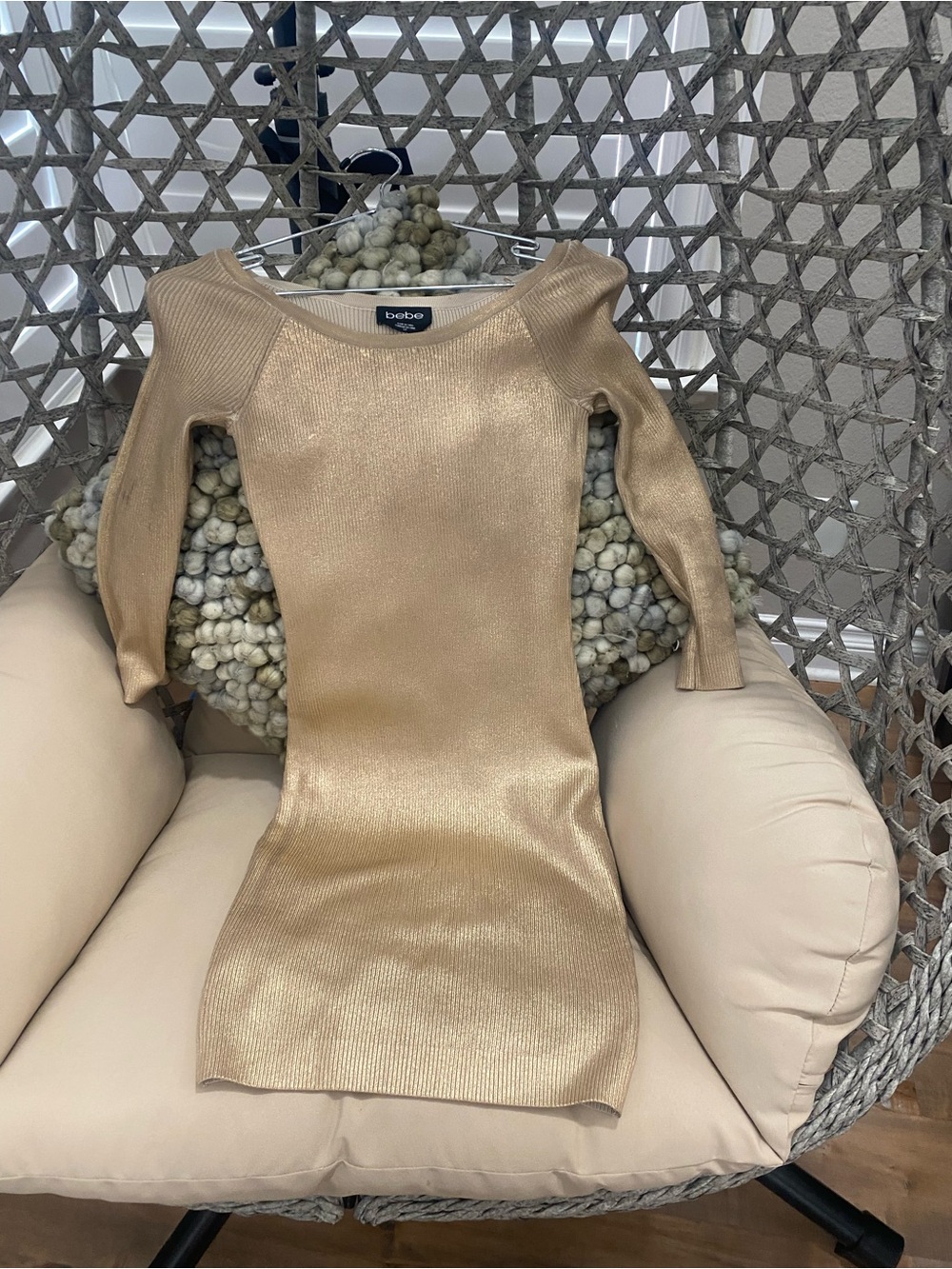 Bebe Metallic Gold Long Sleeve Bodycon Dress